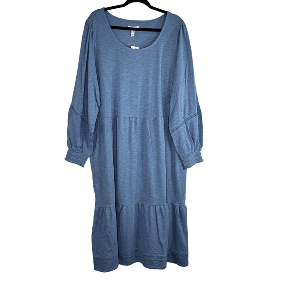 Canyon Retreat Dress Womens 1X Blue Long Sleeve Boho Tiered Pockets Midi Casual - Picture 1 of 10